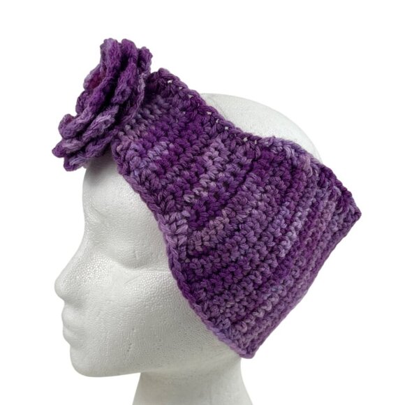 Handmade Purple Crochet Flower Headwrap Knit Headband Winter Ear Warmer - Picture 7 of 12
